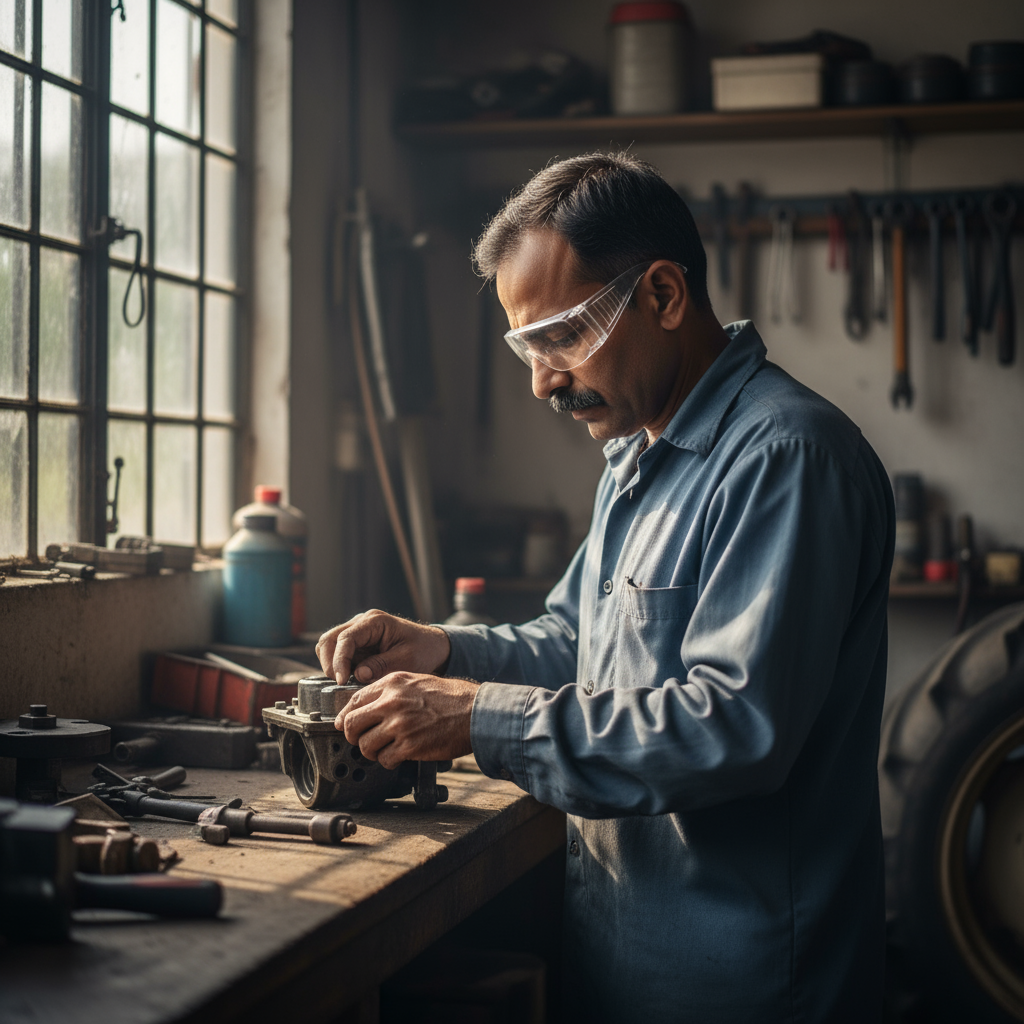 Middle-aged North Indian man with mustache wearing blue shirt standing in front of small grocery store with shelves of products