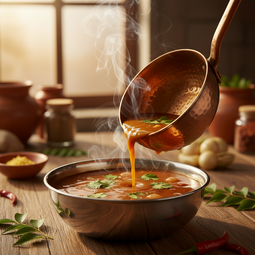 Sambar poured from a copper ladle into a steel bowl, steam rising