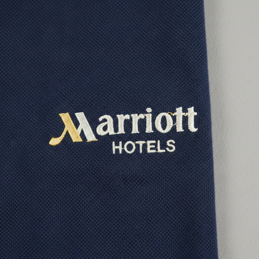 Close-up macro photograph of embroidered Marriott Hotels logo on navy polo fabric showing individual thread crossings under overhead light