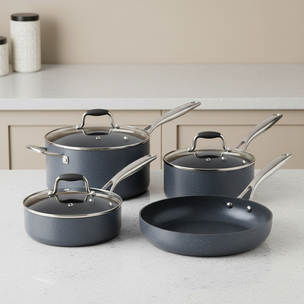 Five-piece stainless steel non-stick cookware set with pots and pans