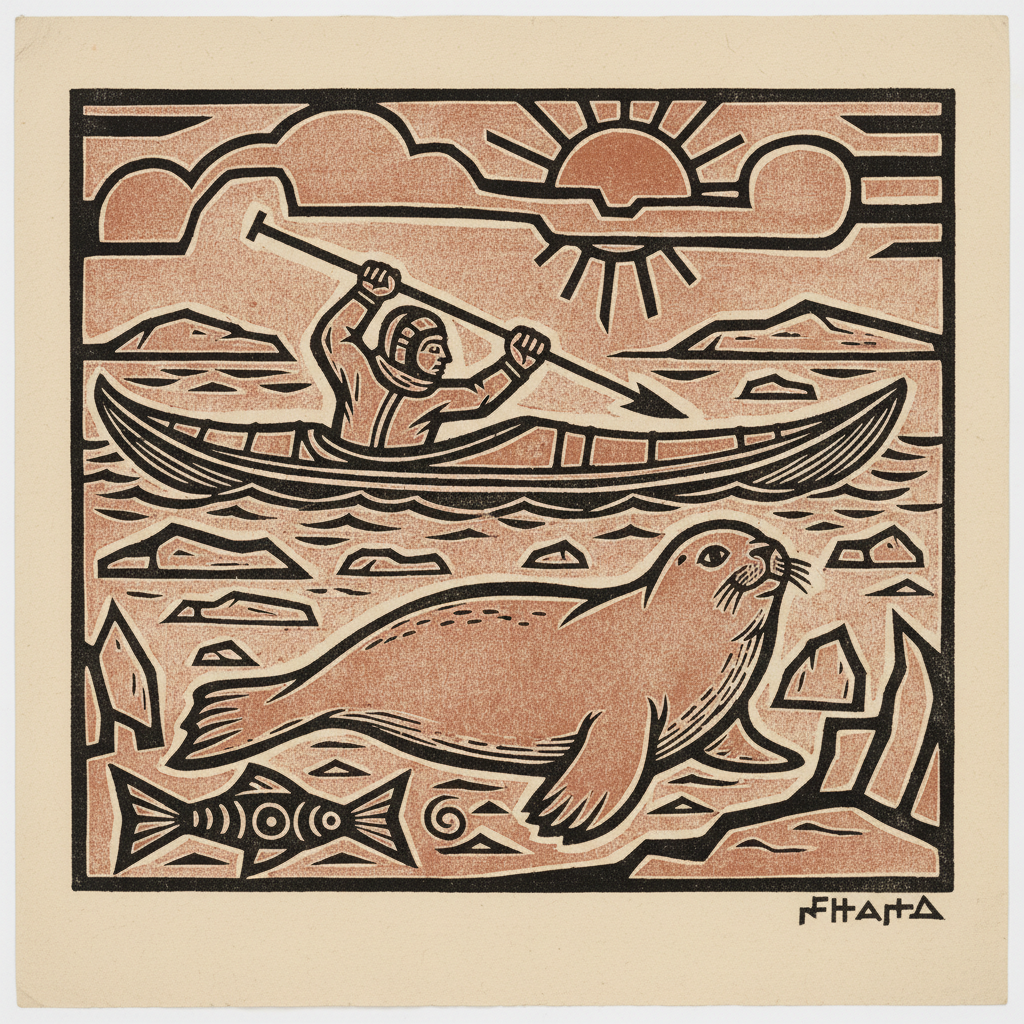 Traditional Inuit stonecut print showing hunting scene with seal and kayak in black and terracotta on cream paper