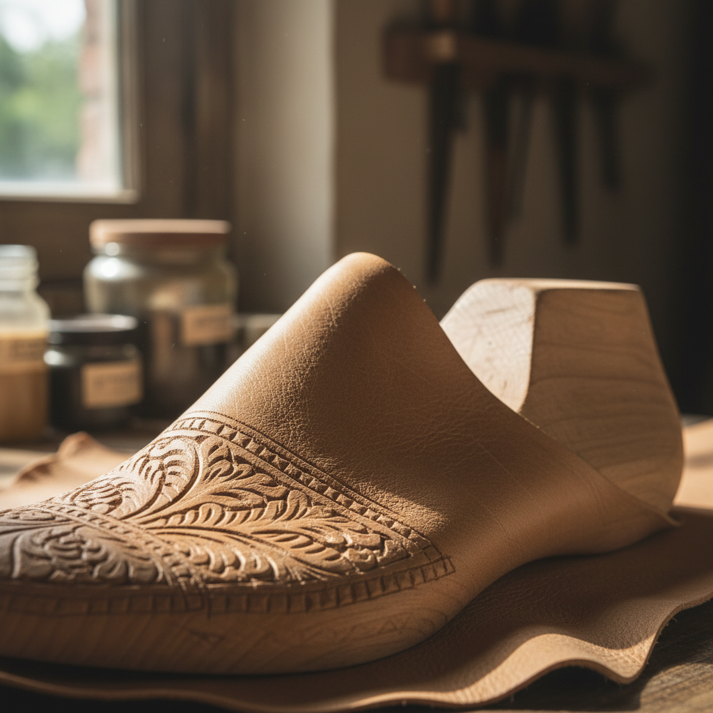 Raw vegetable-tanned hide draped over a carved wooden shoe last, natural light from a single window
