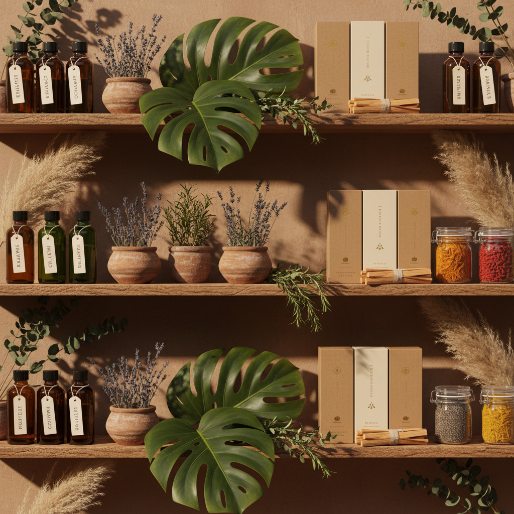 Organized rows of wellness products and botanical items on wooden shelving