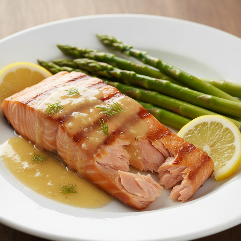 Pan-seared salmon fillet with asparagus and lemon butter sauce