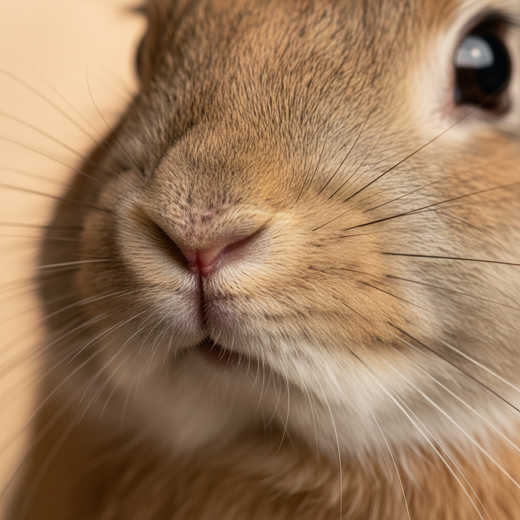 Macro photograph of a rabbit nose and whisker roots, showing individual whisker follicles and soft fur texture in warm studio light