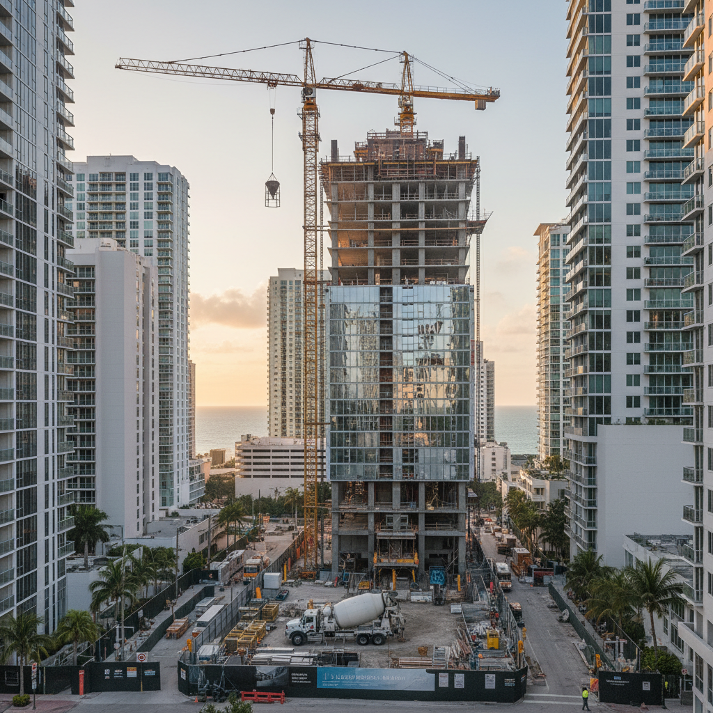 Real estate development construction site, mixed-use building under development, urban Florida setting