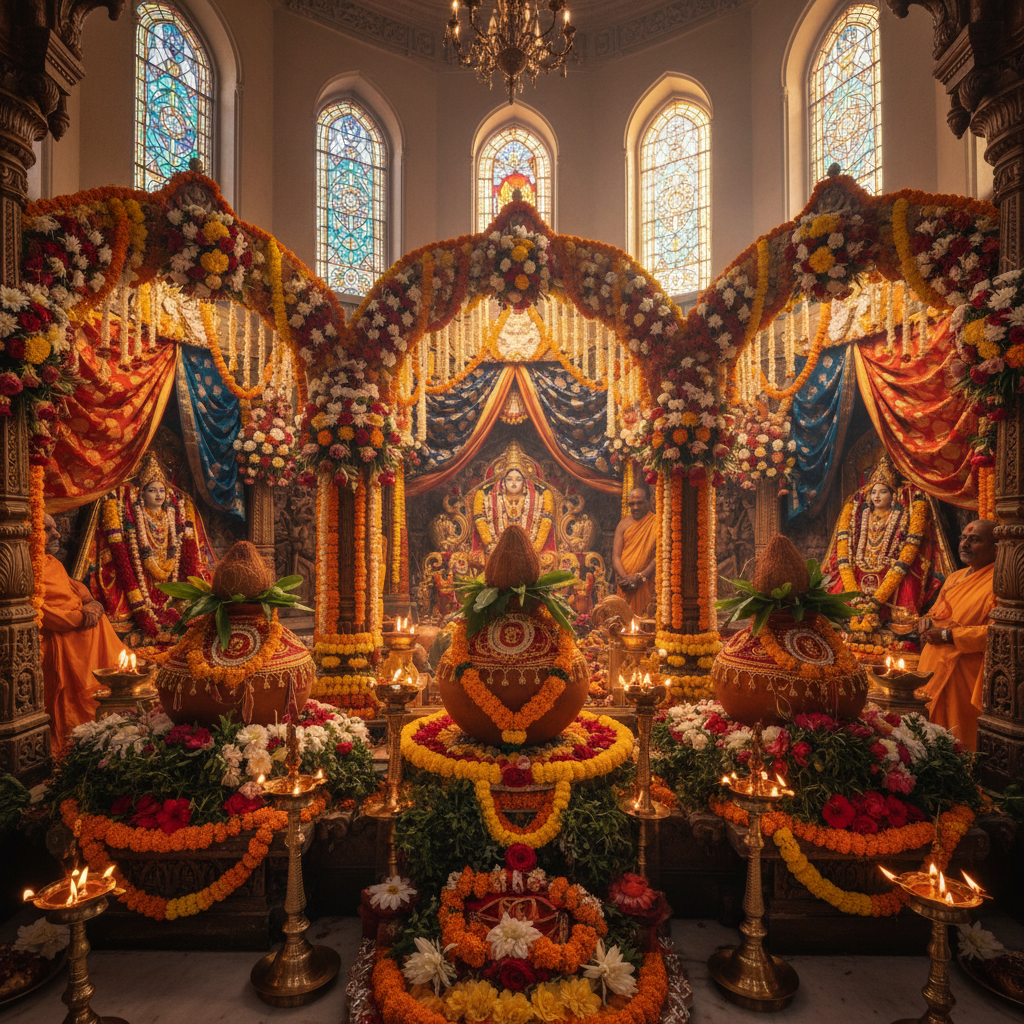 Navaratri festival celebration with colorful lights and decorations at temple
