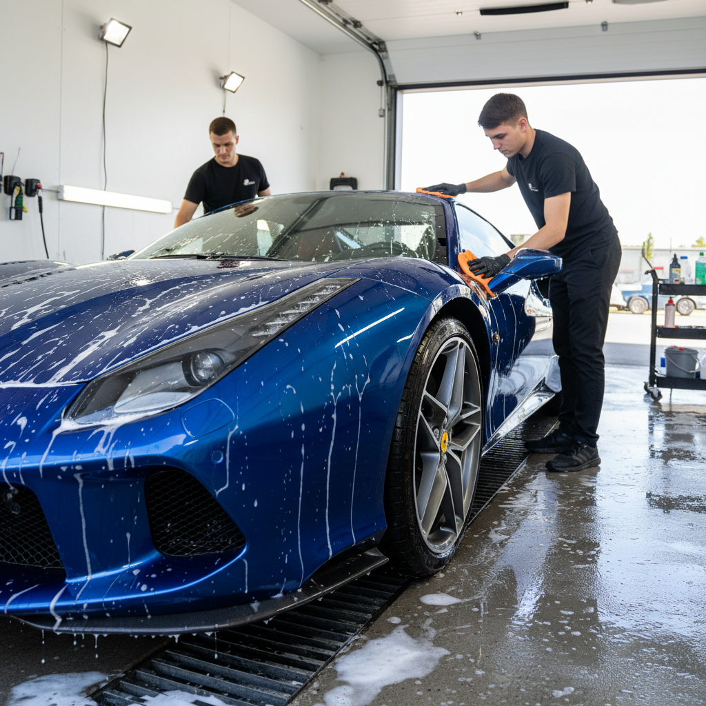 Entire pristine car exterior after comprehensive mobile detailing, showroom shine in golden sunlight