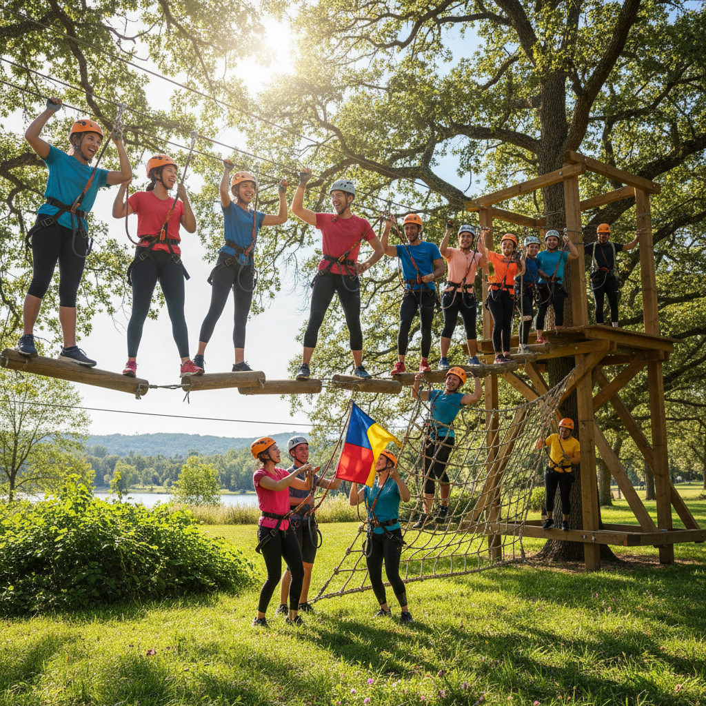 Team building activity outdoors, people working together in forest clearing, bright collaborative atmosphere