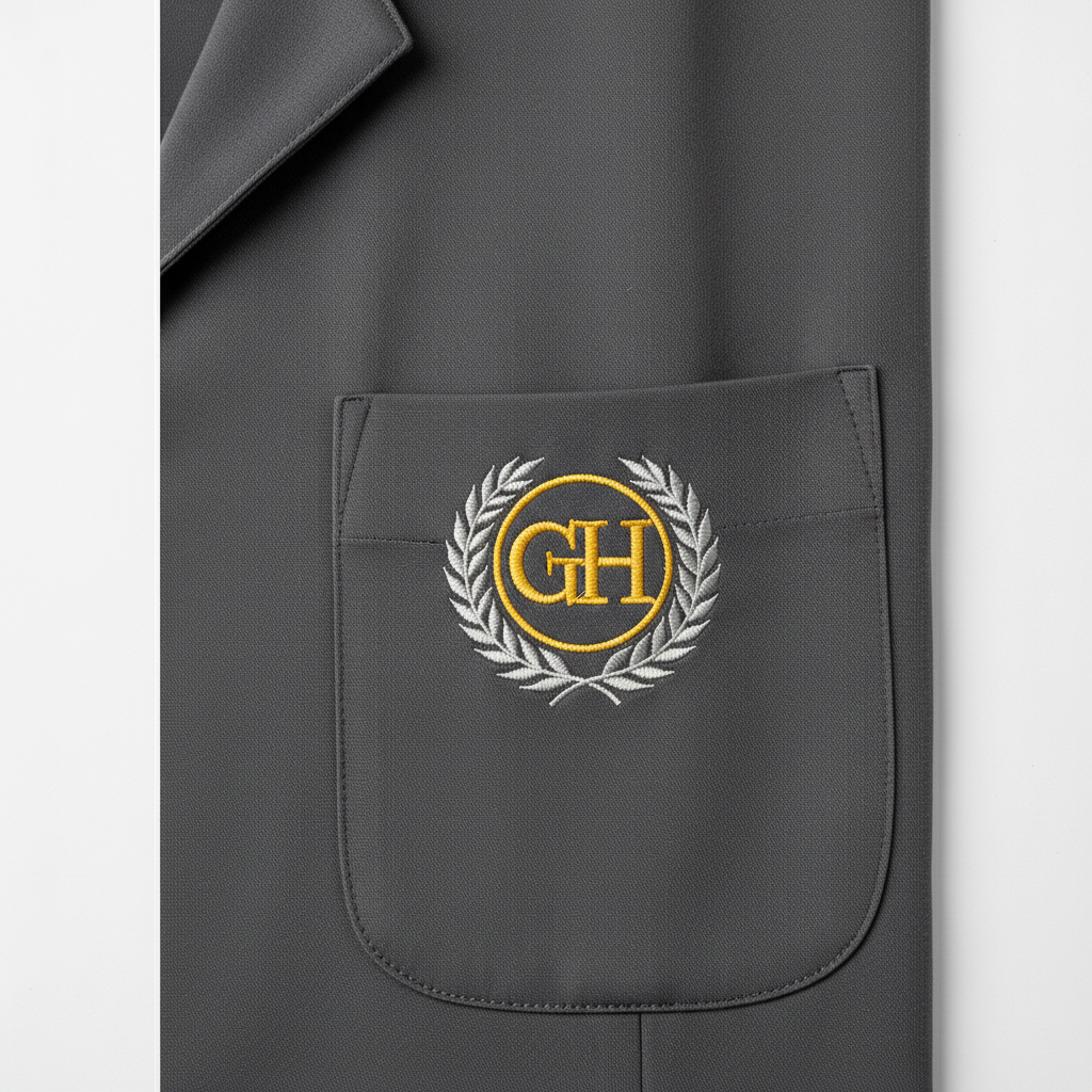 Embroidered logo on the chest pocket of a pressed charcoal hotel receptionist tunic
