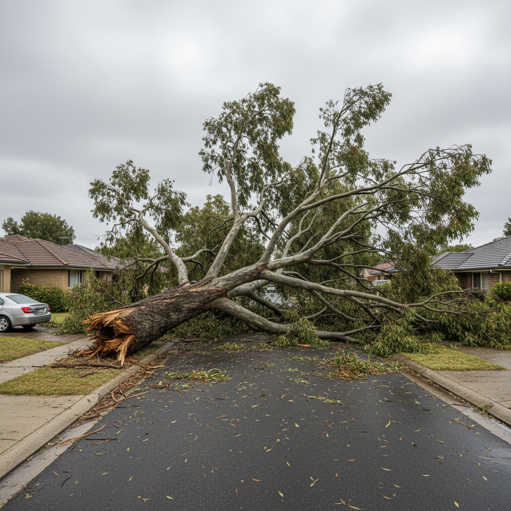 Storm-fallen eucalyptus tree blocking a residential street in San Francisco's Sunset District after overnight winds