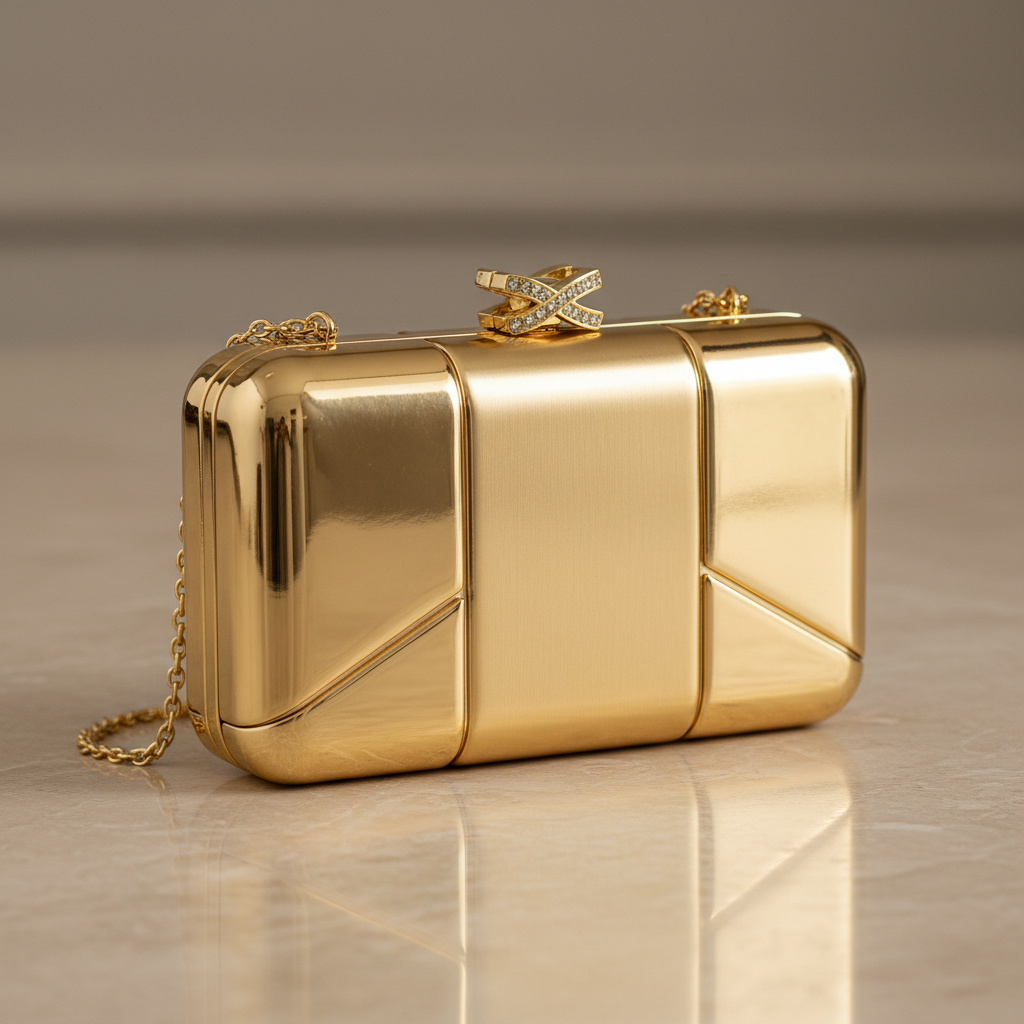 Gold evening clutch bag on dark marble surface