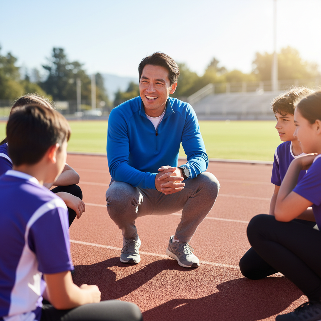 Coach Jordan Kim, Korean-American man in his 30s, kneeling on track and talking with young athletes, warm smile
