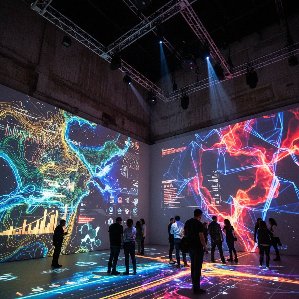Immersive LED light installation with colorful geometric patterns in dark gallery space