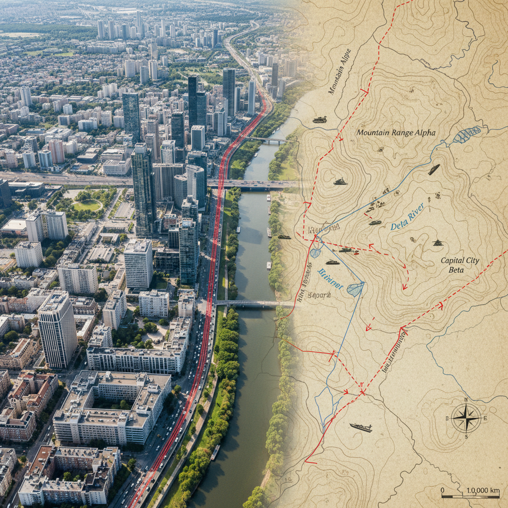 Aerial topographic view of a city blending into a strategic map