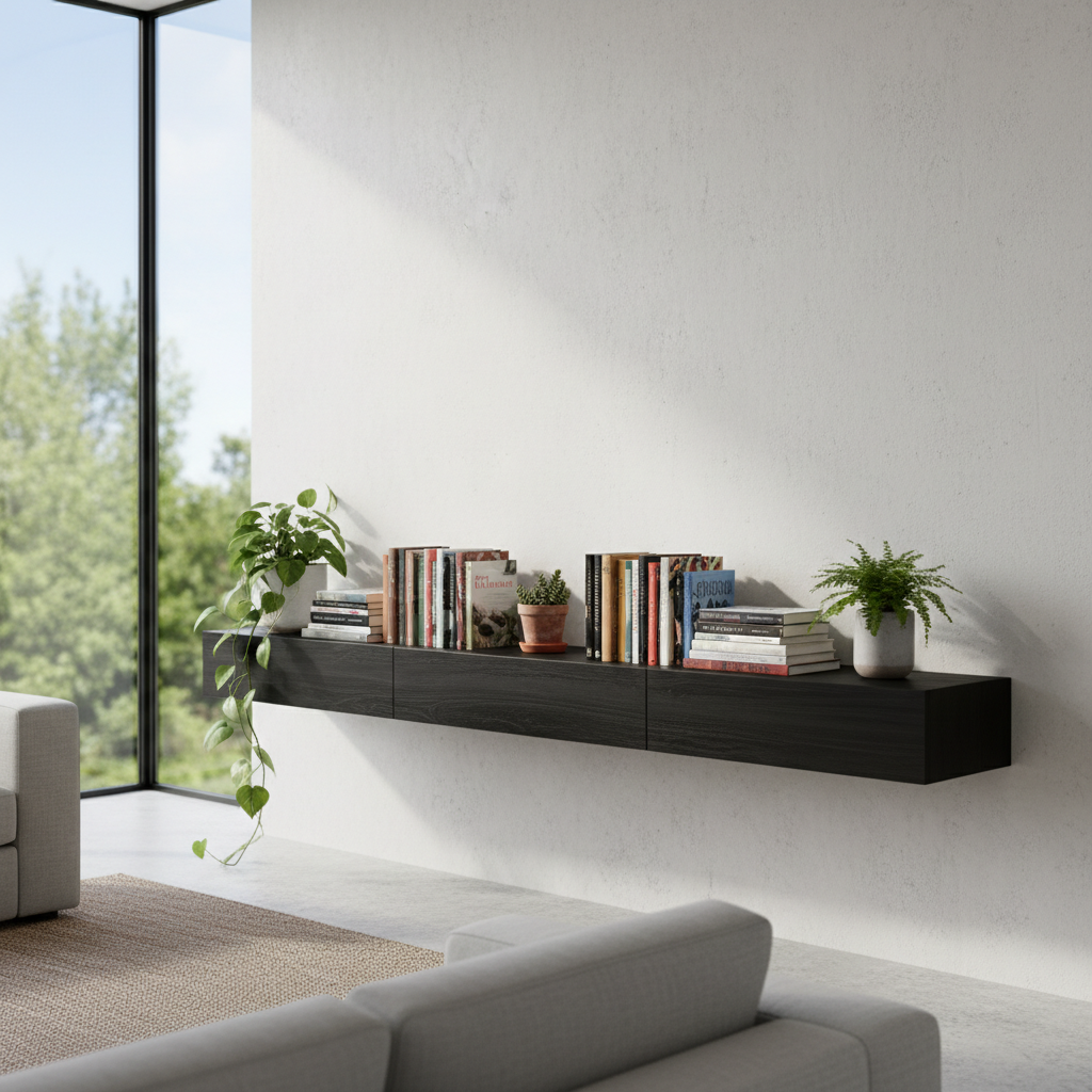 Minimalist floating timber shelves in a bright living room displaying books and plants
