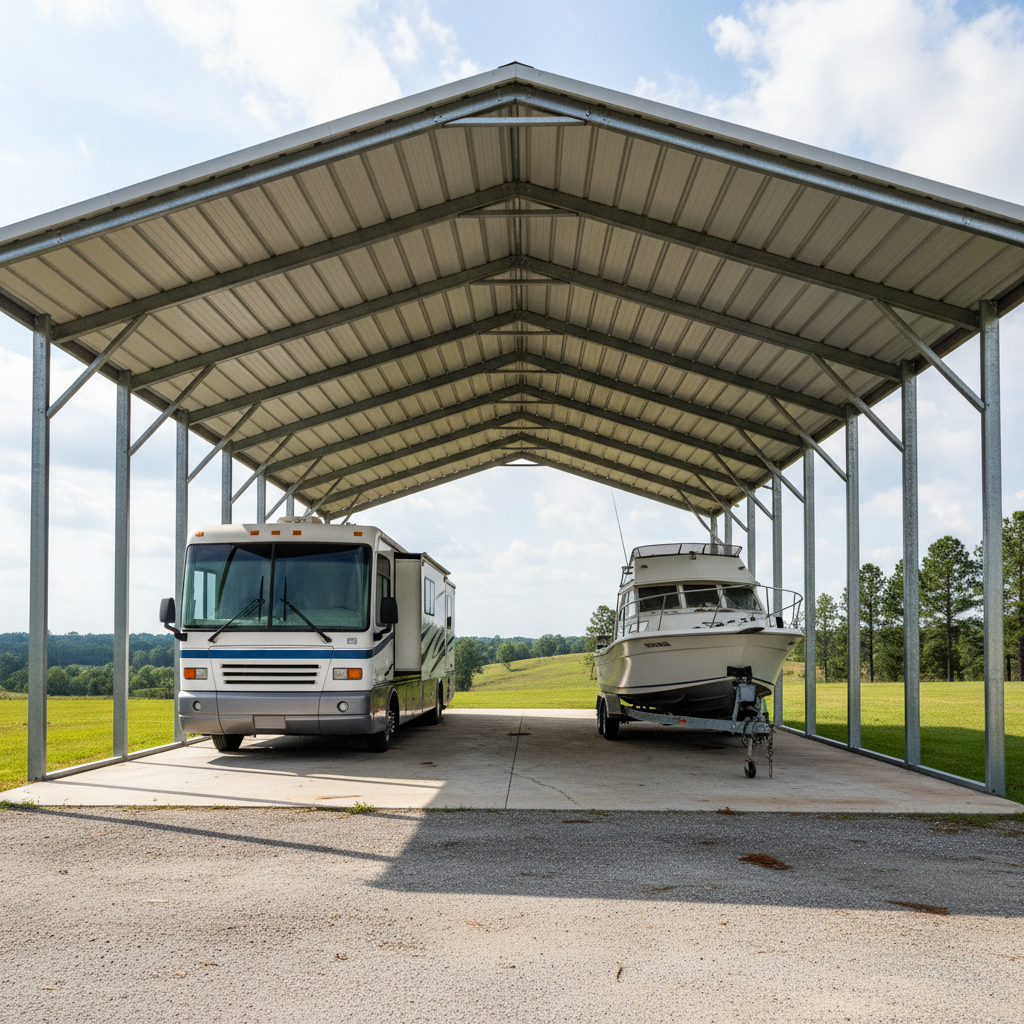 RV and boat trailer stored under a tall wide steel carport with open sides