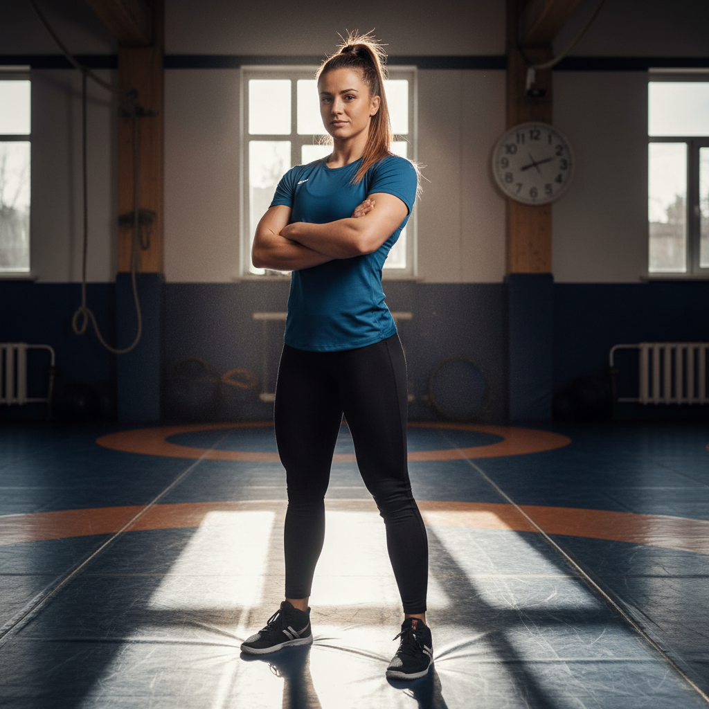 Female wrestling coach in athletic wear, strong confident stance