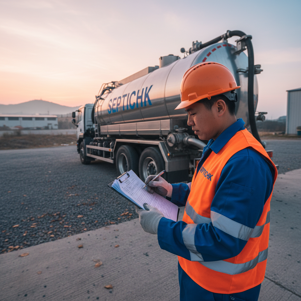 SepticHK uniformed crew member in safety vest checking clipboard beside vacuum tanker at dawn, morning light catching reflective safety stripe on sleeve