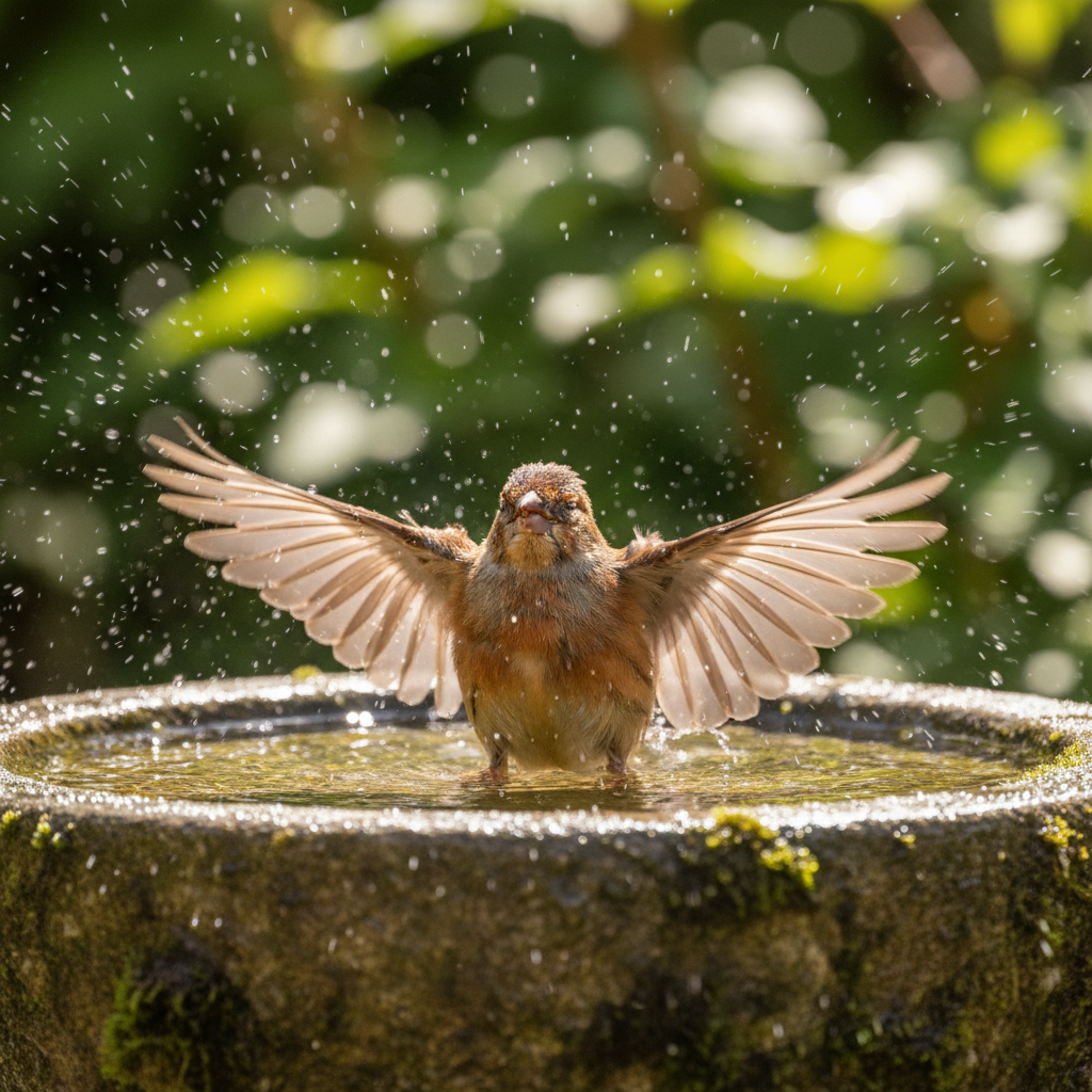 Small finch bathing in shallow stone water dish, wings spread in delight