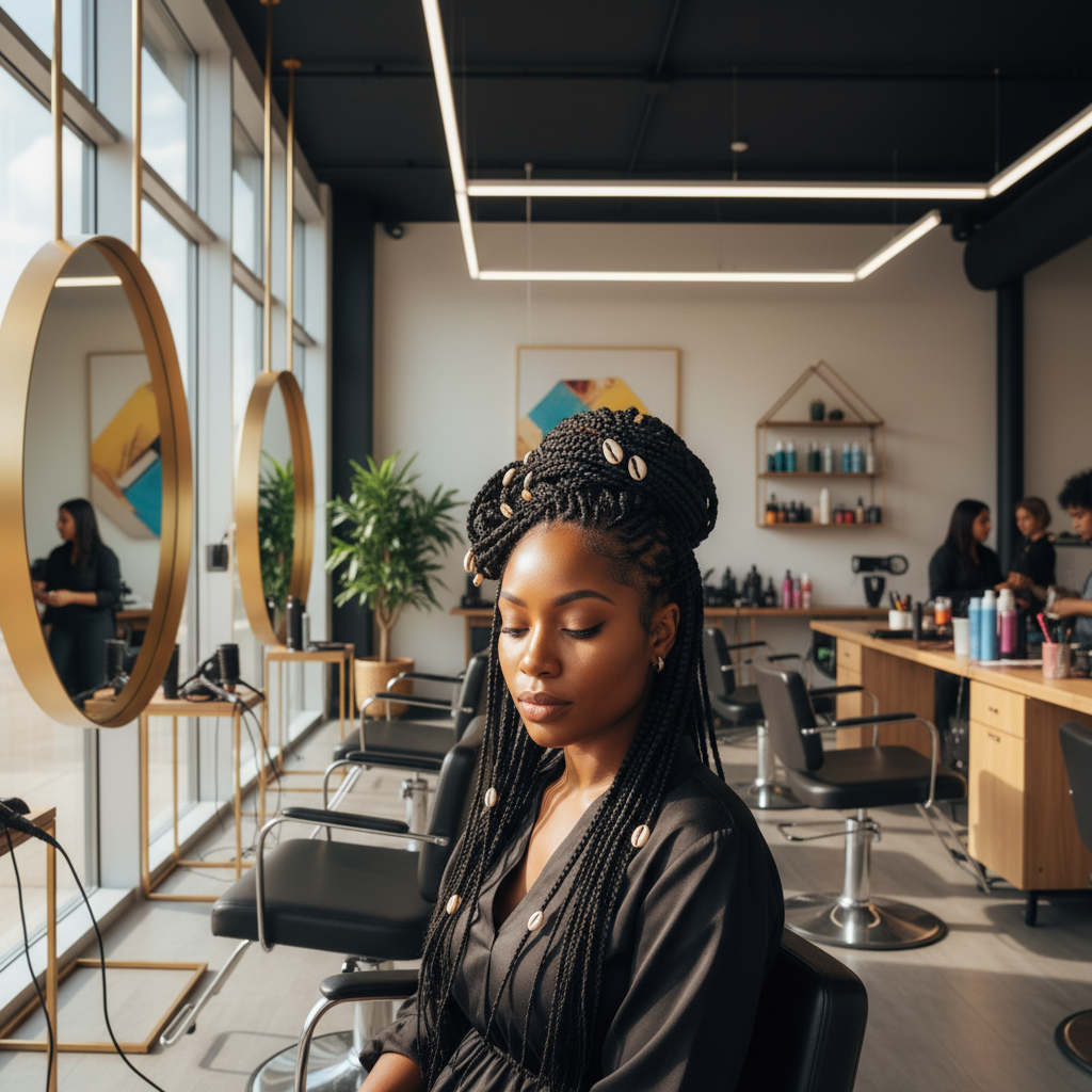 Chiamaka Obi, client from Birmingham with braided hairstyle