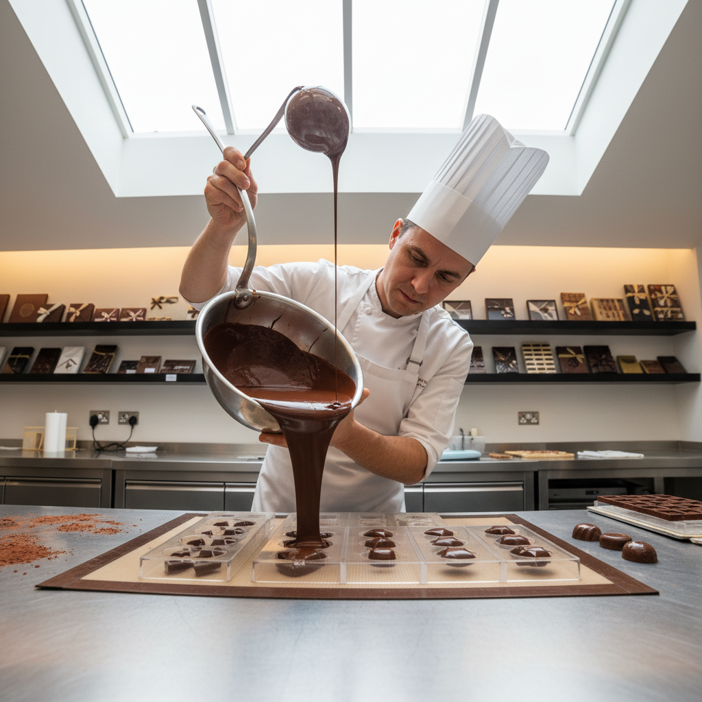 Chocolate bonbons being hand-dipped in tempered dark chocolate in artisan workshop