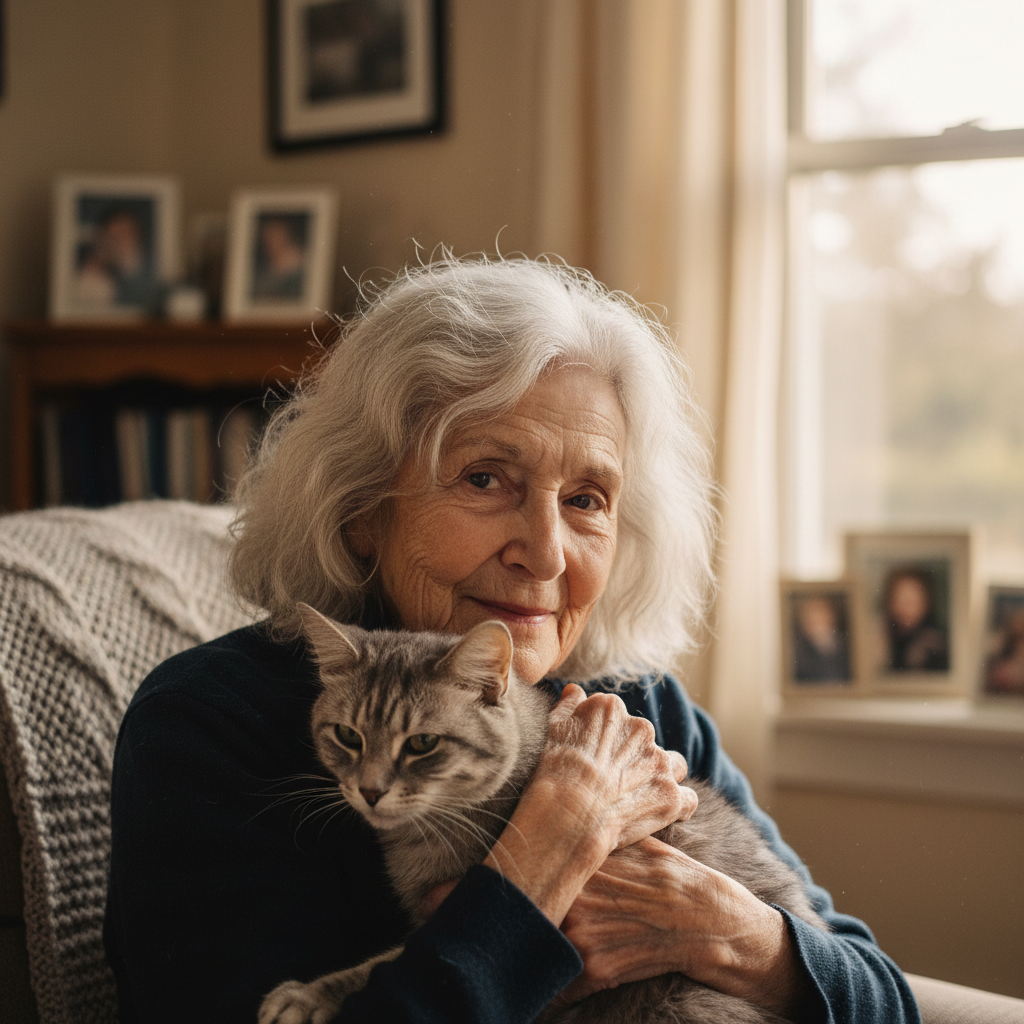 Older woman with silver hair gently holding a grey senior cat in a sunlit living room