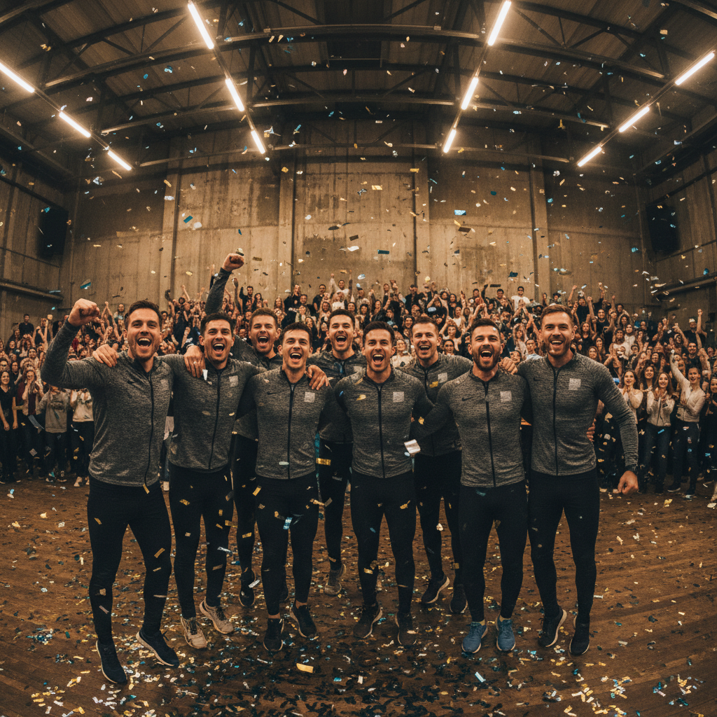 Group photo at martial arts event, athletes and trainers together, bright venue