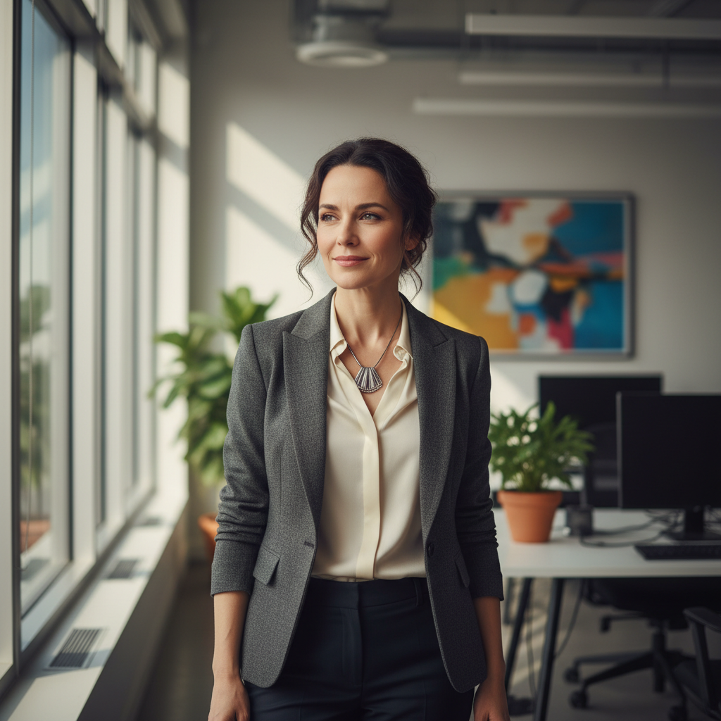Professional woman in light blazer at clean modern desk, bright airy office, warm natural light, focused professional expression