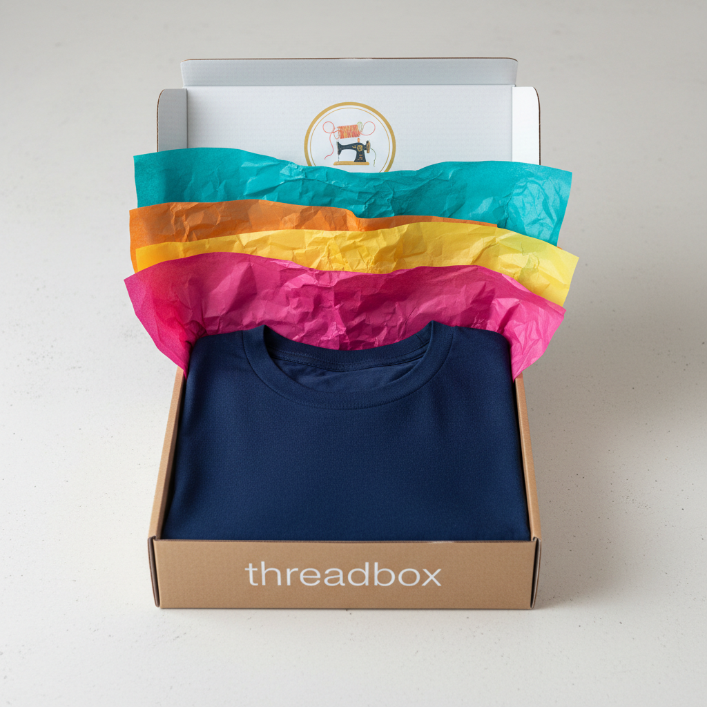 Open Threadbox gift box with tissue paper, sticker, and folded tee arranged beautifully