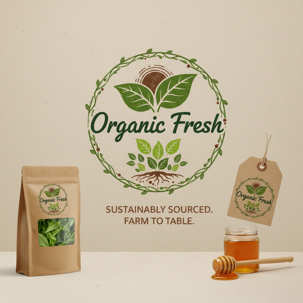 Organic food brand identity materials including logo, business cards, and packaging with green leaf motifs