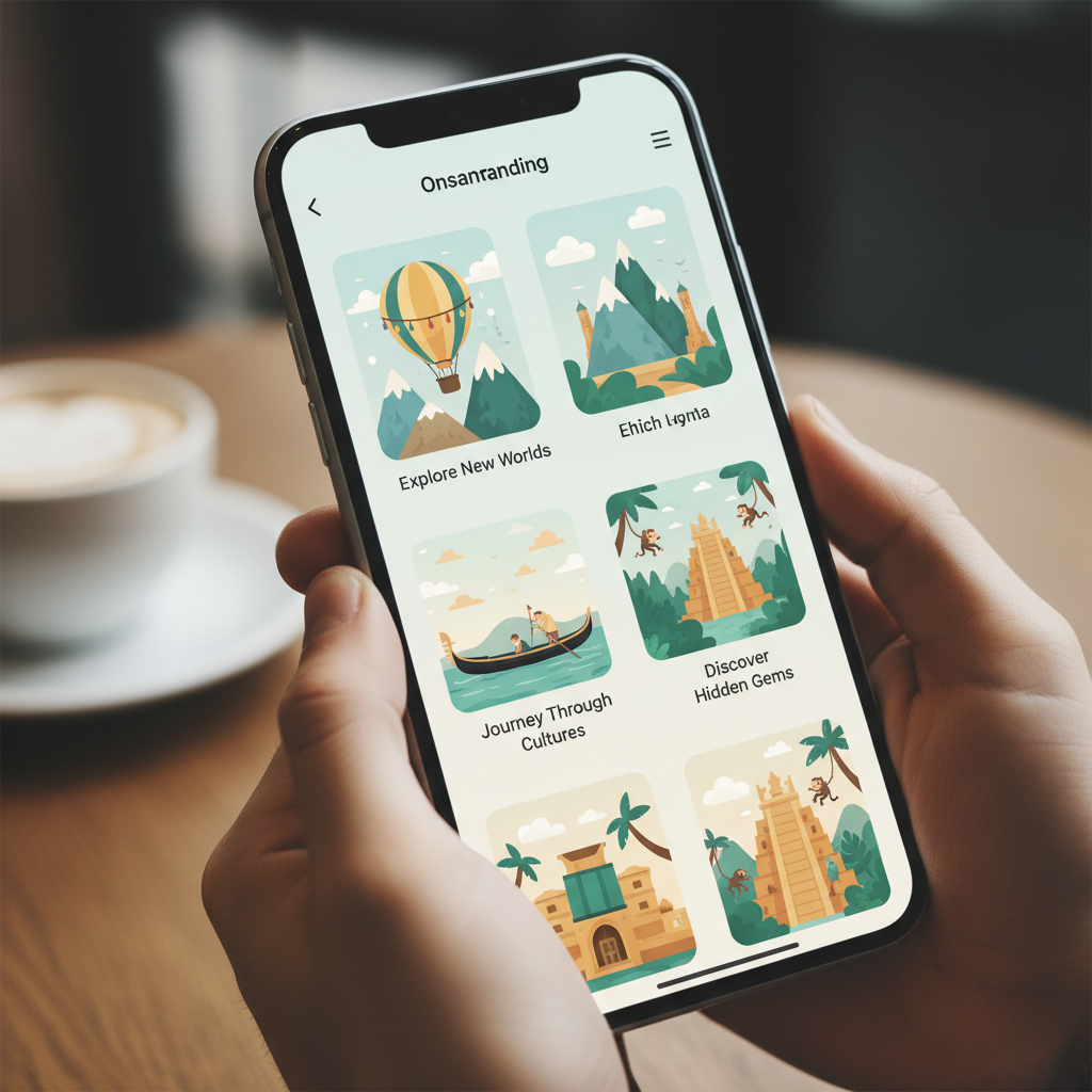 Travel destination bright scenic landscape with mobile app overlay