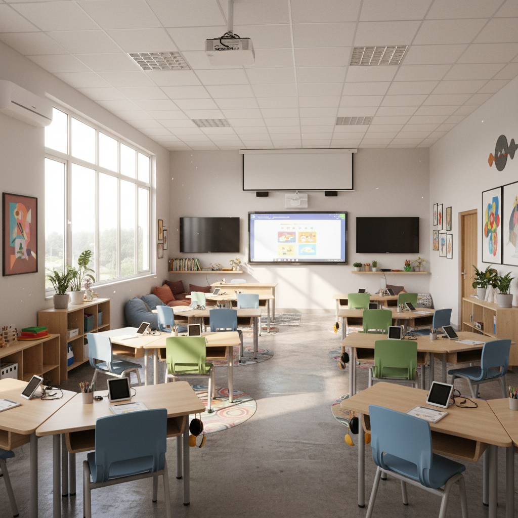 Interactive digital resource displayed on screen, colorful educational interface, modern classroom setting with bright lighting