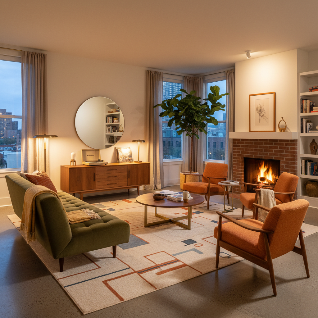 AI-staged modern living room with mid-century furniture and warm ambient lighting
