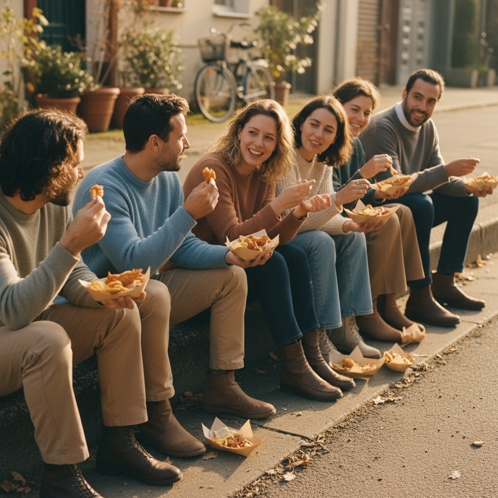 Neighbors eating from paper boats while sitting on a curb in golden hour light