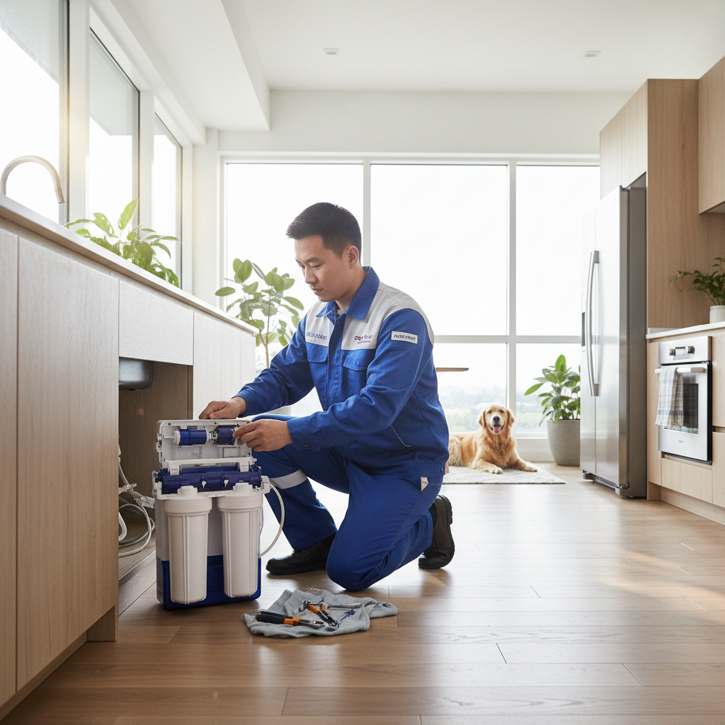 Professional technician repairing home appliance at customer house in Kochi, bright well-lit modern living room, clean white walls, natural daylight streaming in