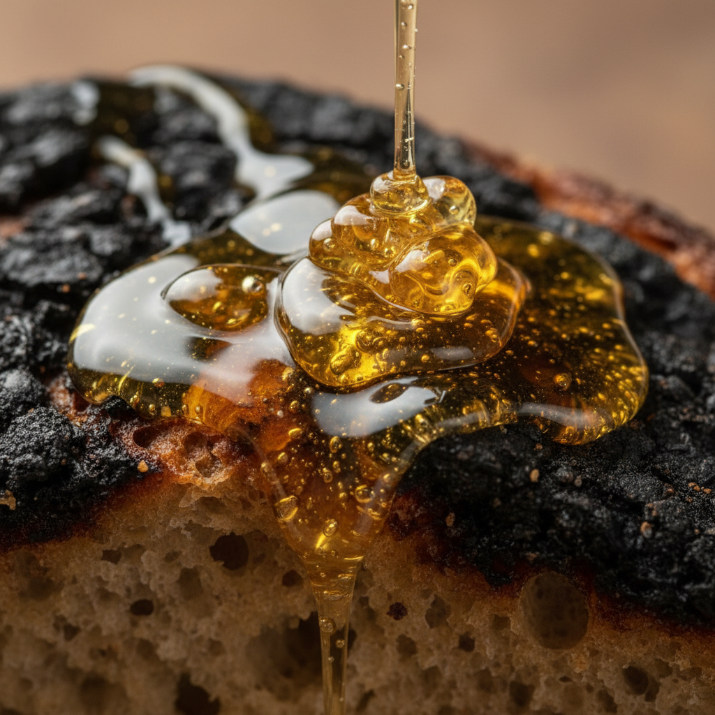 Macro shot of golden honey pooling over charred sourdough bread in studio lighting