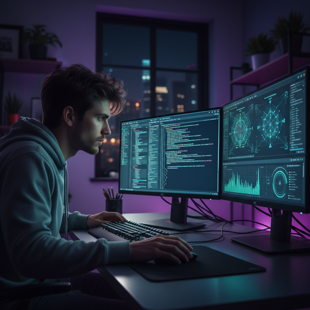 Developer fine-tuning language model with training loss curves on monitor