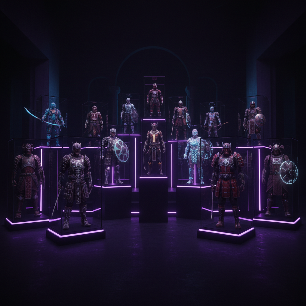 Digital weapon NFT art with dark shadowed background and dim atmospheric neon-lit environment