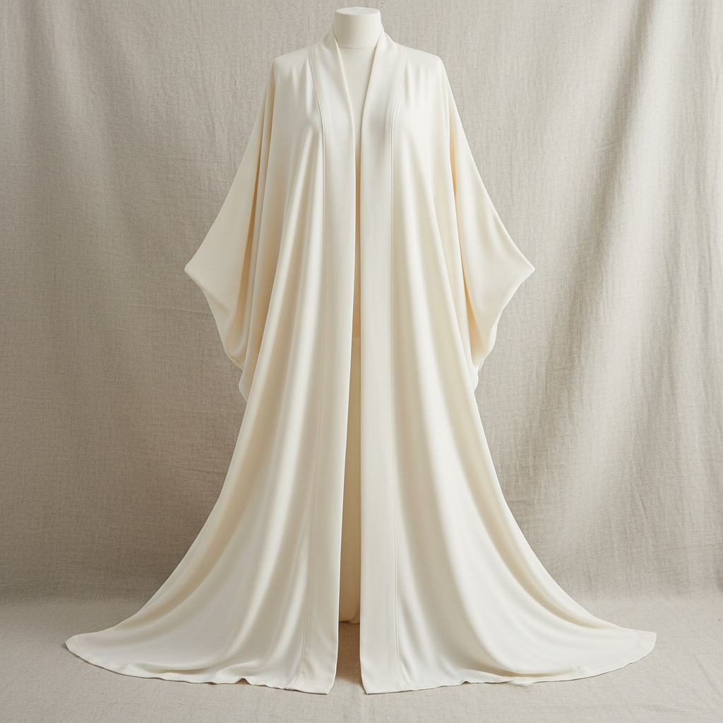 Fresh spring abaya collection in light neutral tones, airy studio photography