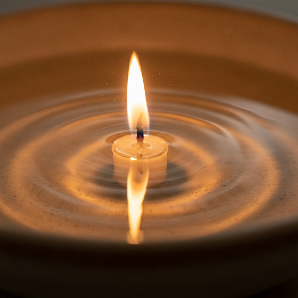 Candle flame reflecting on water in a bowl, warm golden light