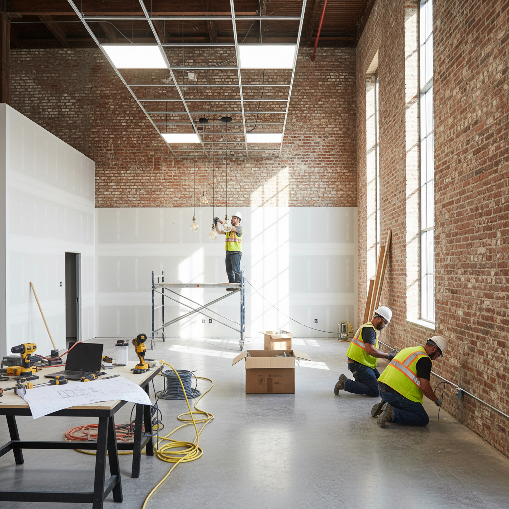 Commercial renovation project interior with exposed structure, construction in progress, well-lit