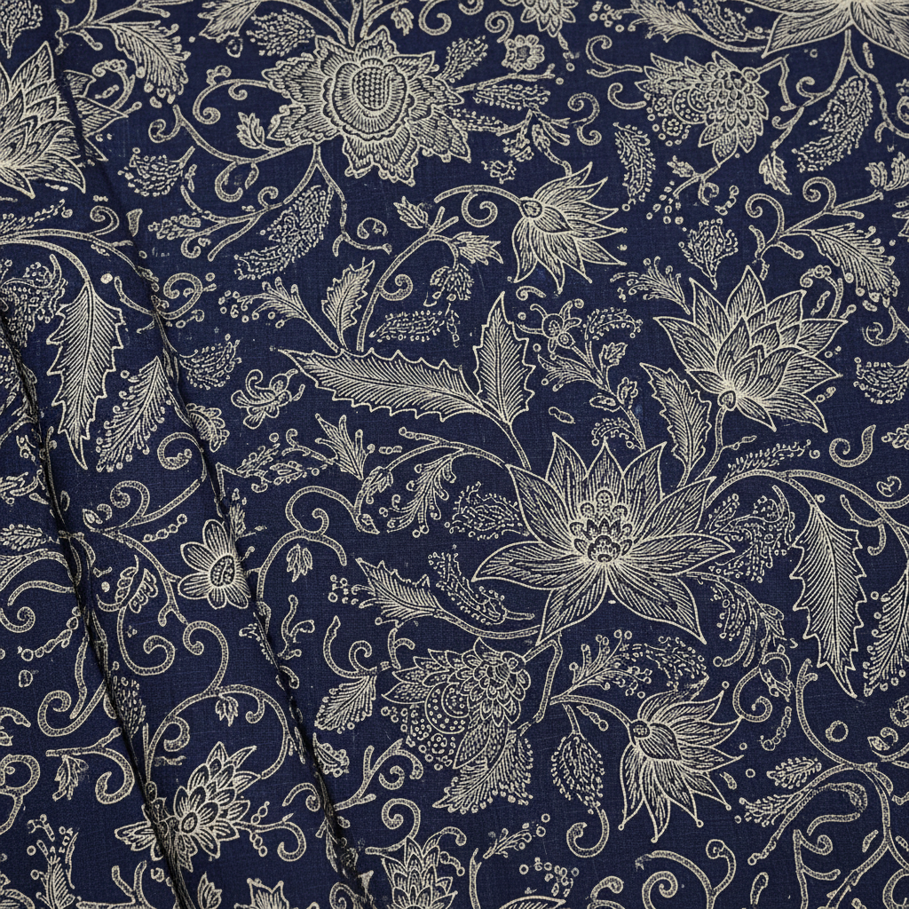 Traditional batik fabric with intricate hand-drawn floral patterns in deep indigo and cream