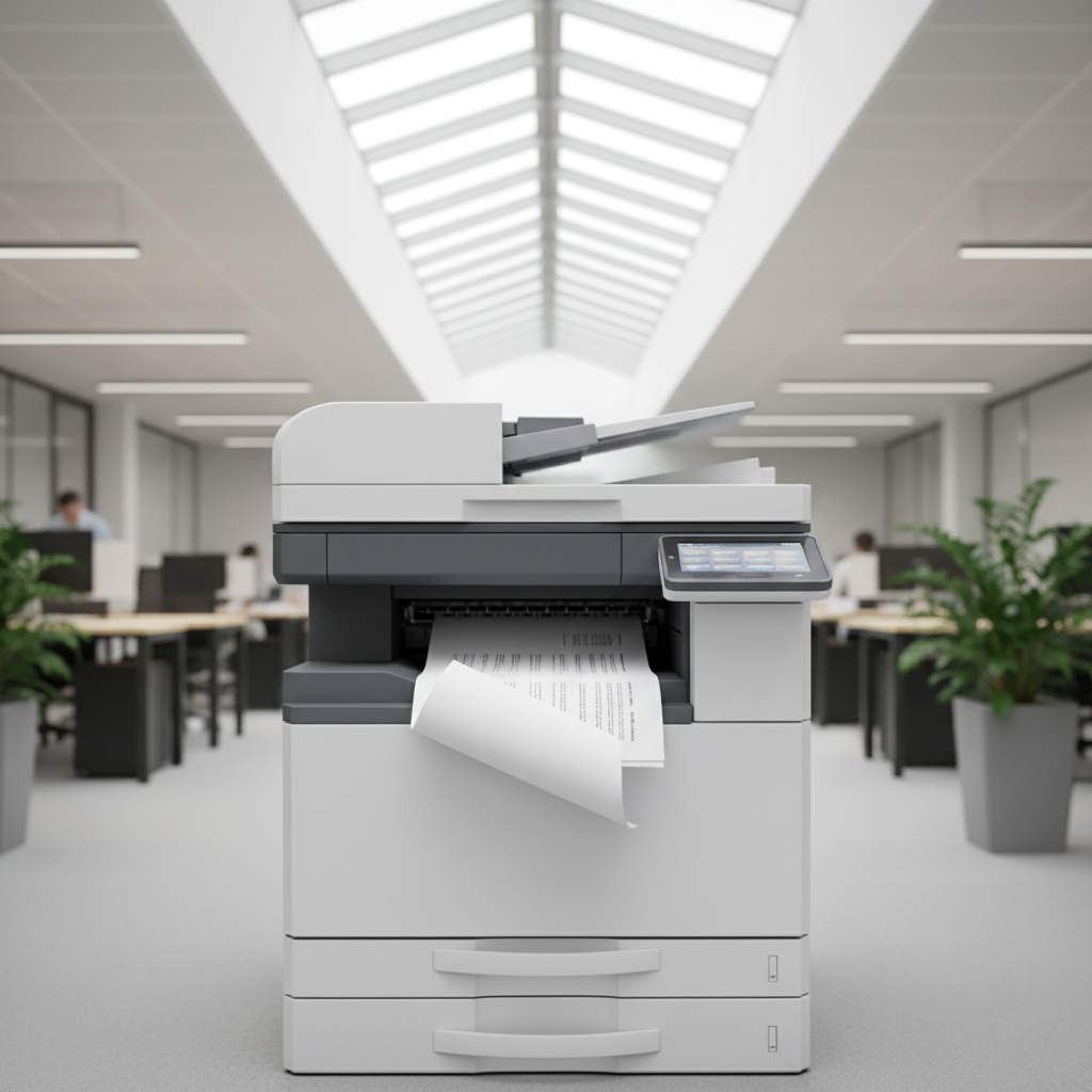 Modern office printer in dim professional office environment