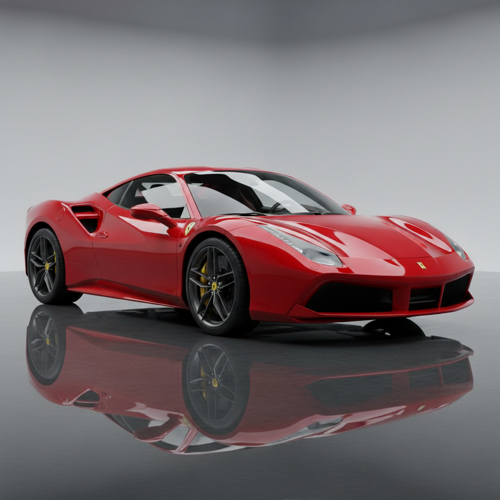 Sports car with mirror gloss finish, dark dramatic atmosphere, professional detail