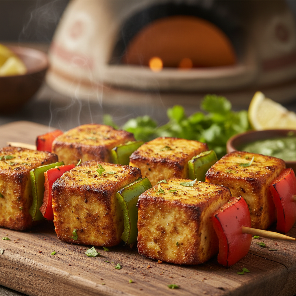 Golden char-grilled paneer tikka skewers with colorful bell peppers and green chutney