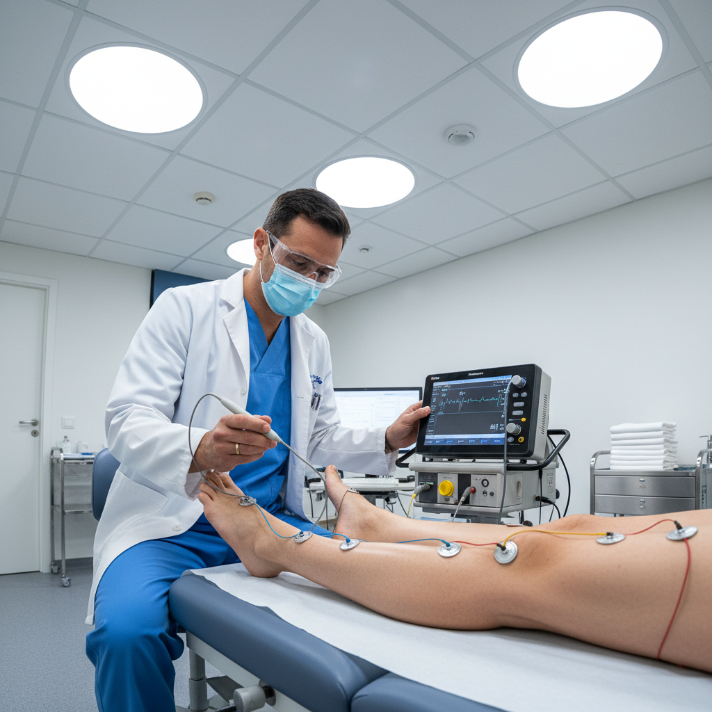 Neurologist performing nerve conduction study on patient's hand in clinical setting