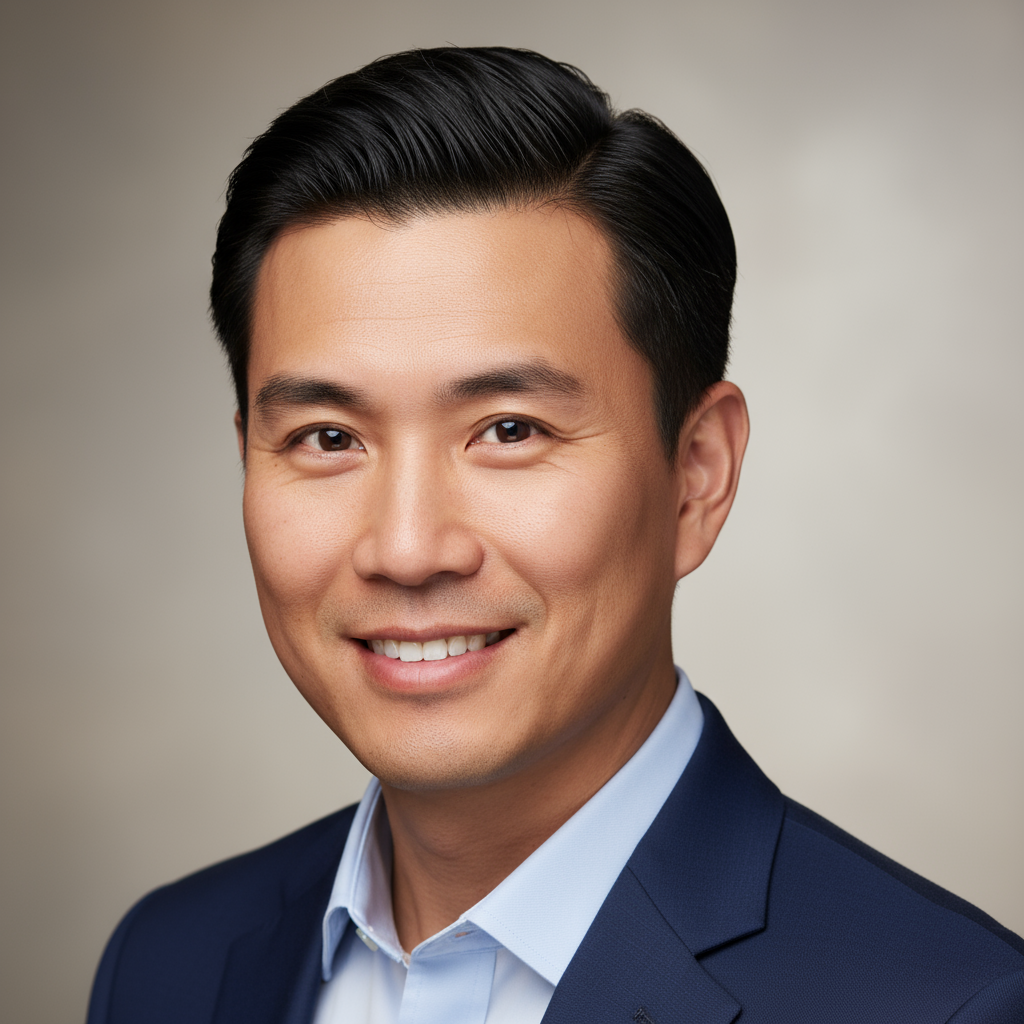 Asian man in business casual attire smiling confidently against neutral background