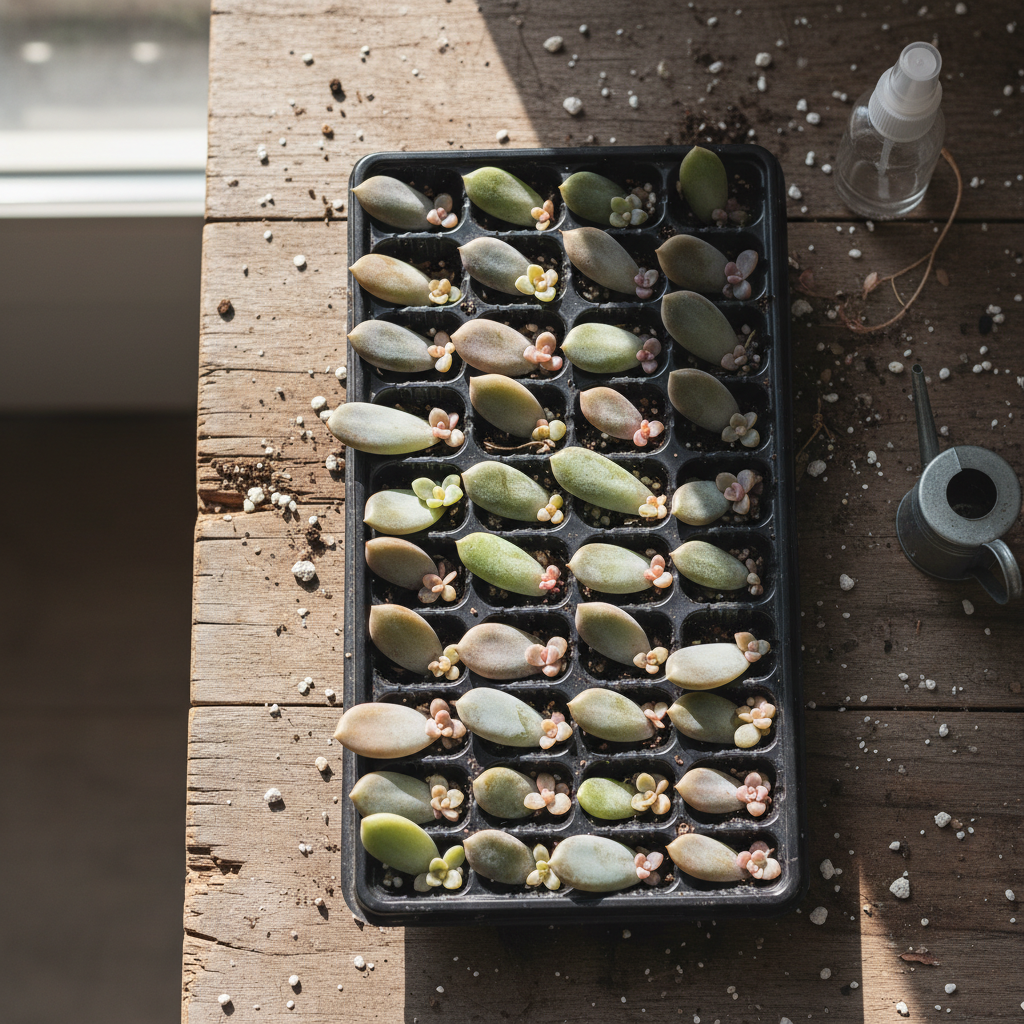 Propagation tray with succulent leaf cuttings on a wooden potting bench