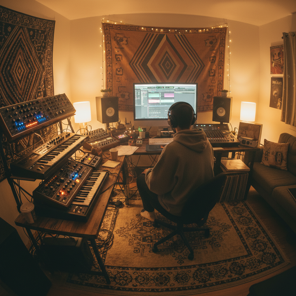 Music headphones on dark background, studio atmosphere, warm lighting